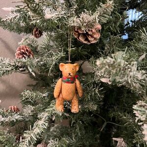 Vintage Brown Ceramic Teddy Bear Articulated Moveable Joints Christmas Ornament